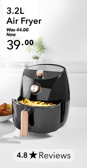 Black air fryer. Was forty four pounds, now thirty nine pounds. 3.2L Air Fryer Was 44.00 Now 4.8 % Reviews 